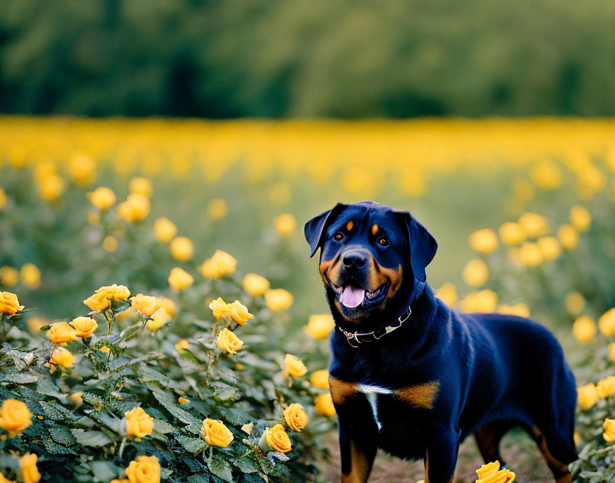 Rottweiler Dog in Yellow Rose Field with Green Background