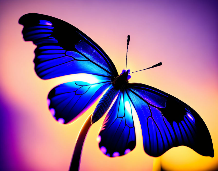 Colorful Open-Winged Blue Butterfly on Purple and Orange Background