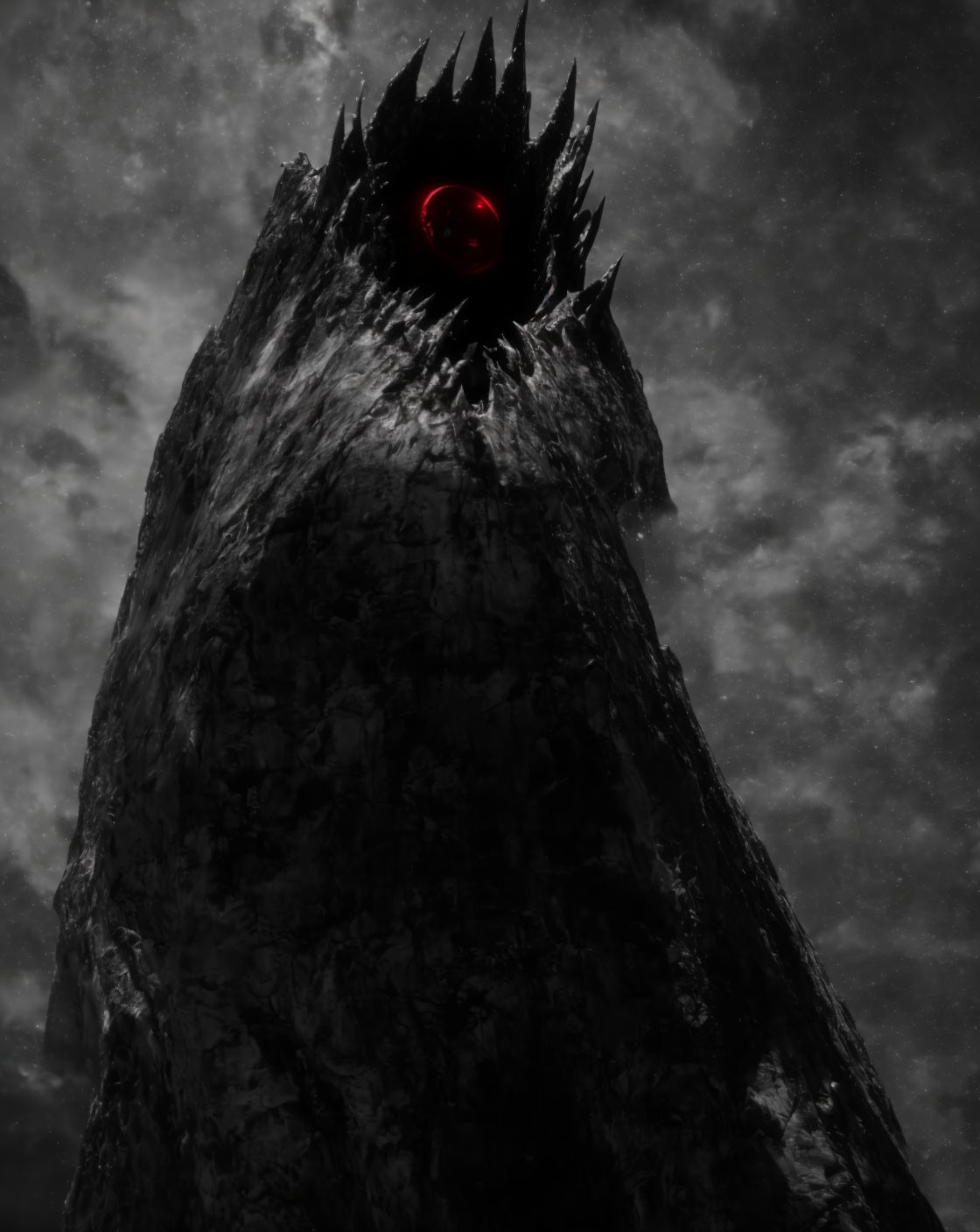 Dark monolith with spikes and red eye in cloudy sky.