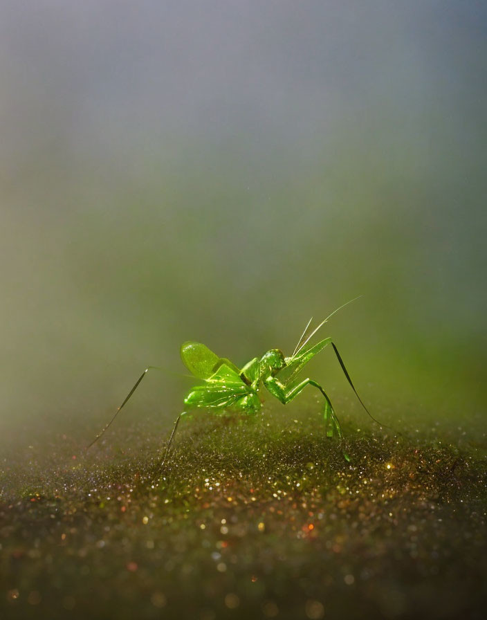 Green Praying Mantis on Glittering Surface with Soft-Focused Background