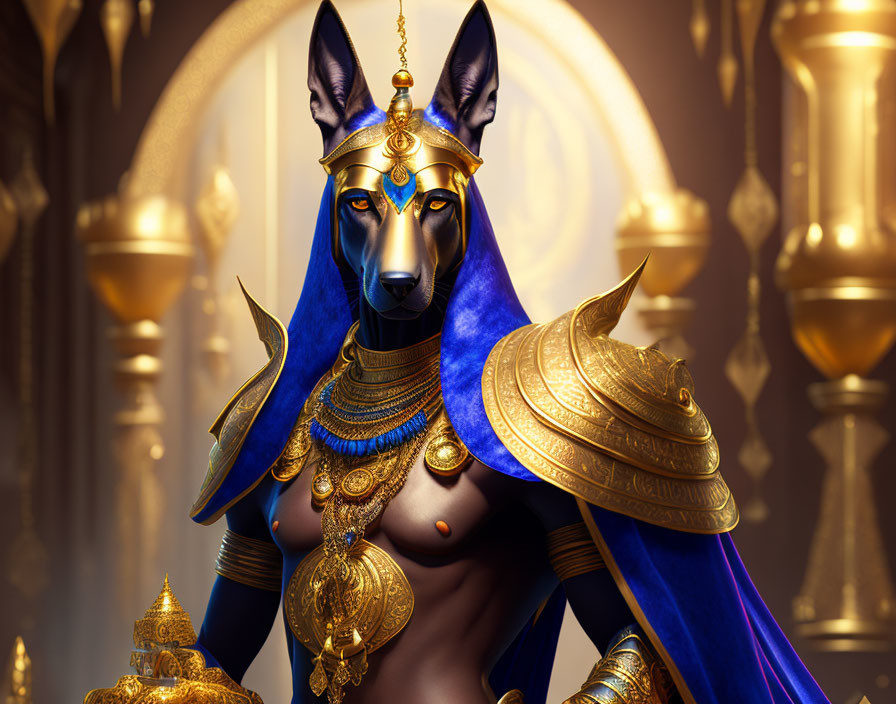 Egyptian God Anubis with Jackal Head in Gold Jewelry and Blue Cloak at Opulent