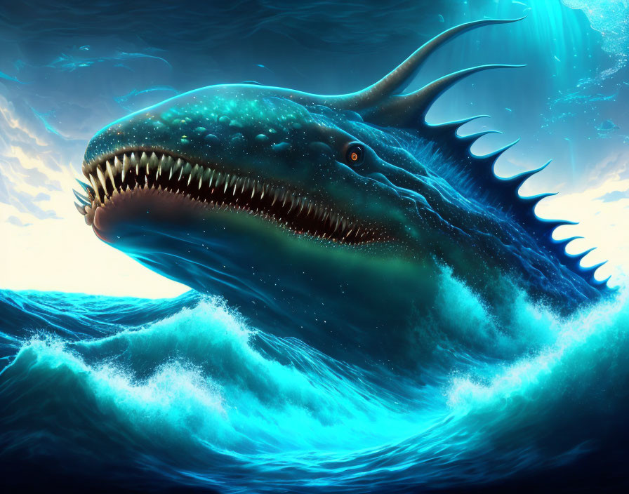 Fantastical sea creature emerging from ocean waves under dramatic light