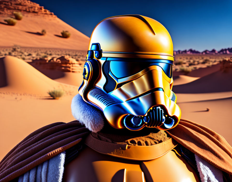 Shiny golden-blue stormtrooper helmet in desert landscape