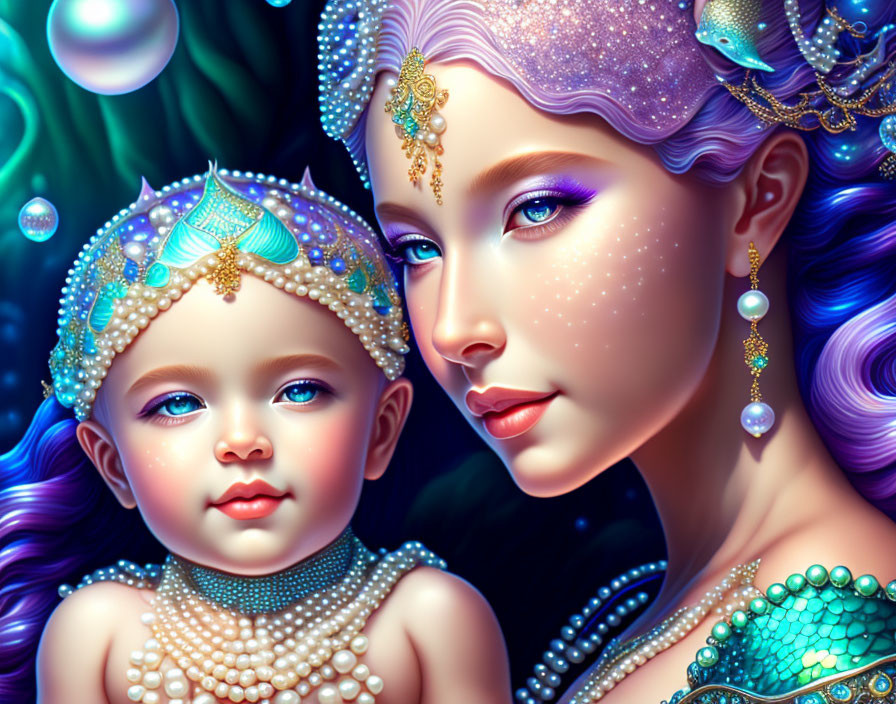 Woman and Child Illustration with Ornate Headdresses and Vibrant Hues