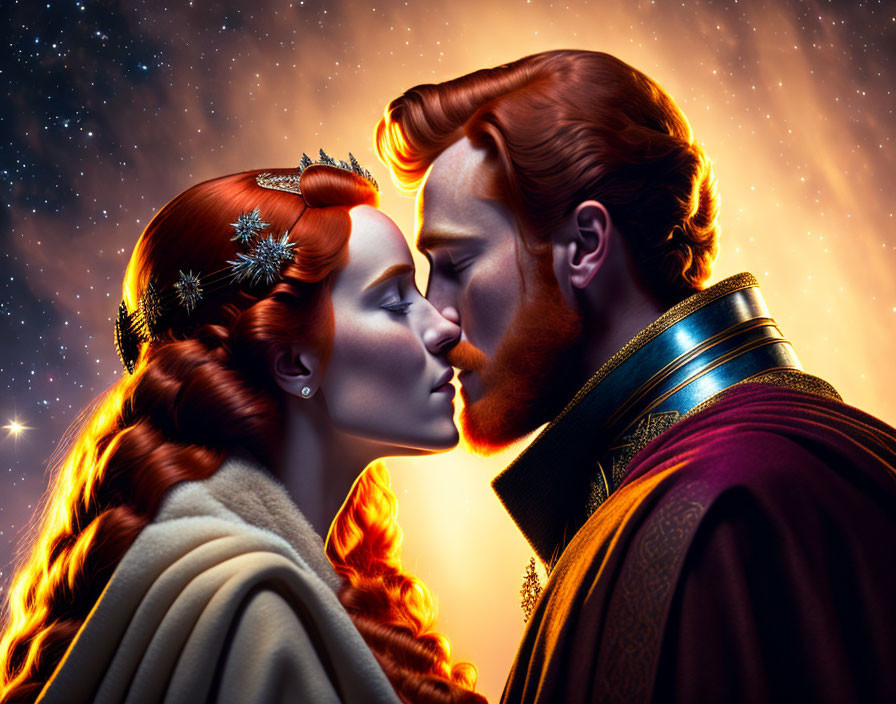 Fantasy-themed characters in close moment under starlit sky