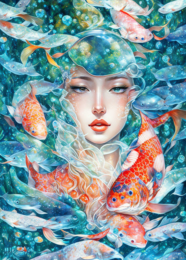 Stylized painting of woman's face with koi fish and aquatic elements