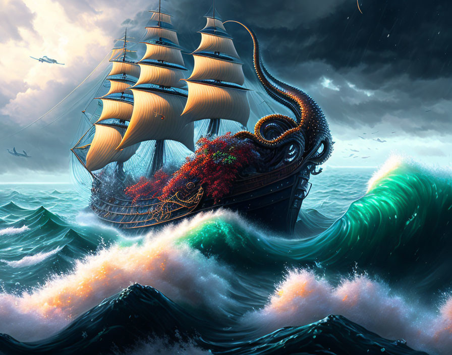 Sailing ship encounters giant octopus in stormy seas
