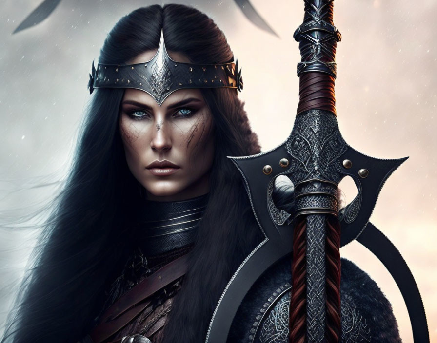 Warrior woman with double-bladed axe in ornate armor & helmet