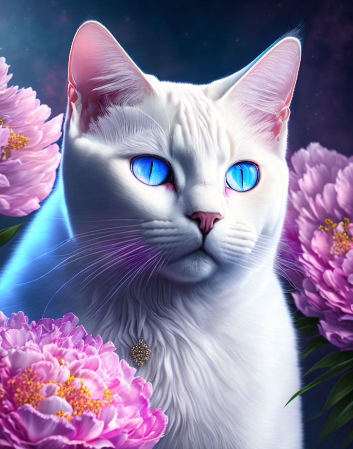 White Cat with Blue Eyes Surrounded by Pink Peonies on Cosmic Background