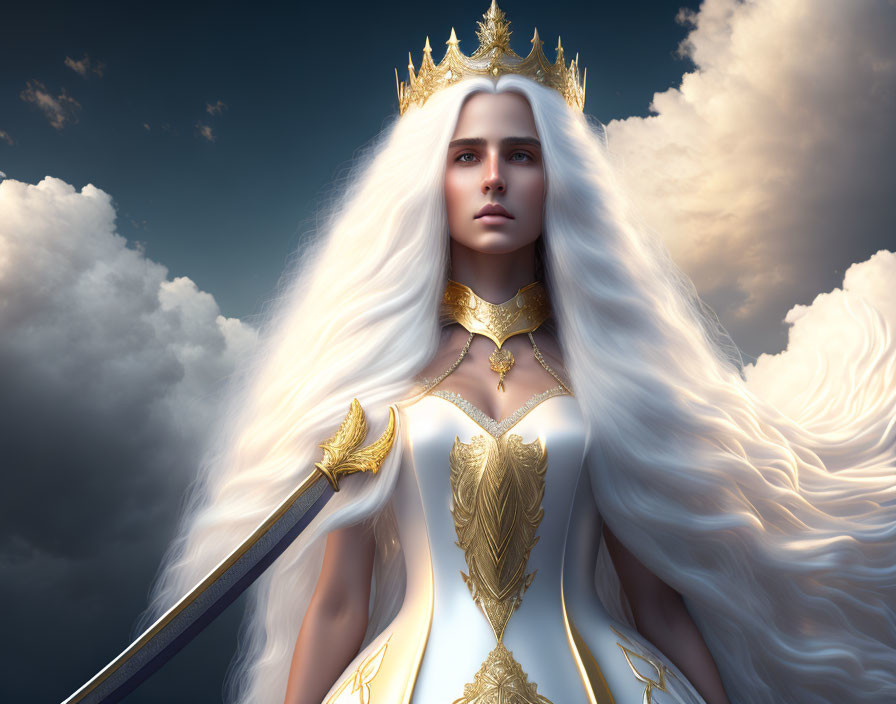 Regal figure in white and gold attire holding a sword against cloudy sky