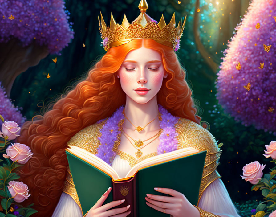 Illustrated queen with red hair reading in fantastical garden with golden crown and vibrant flowers.