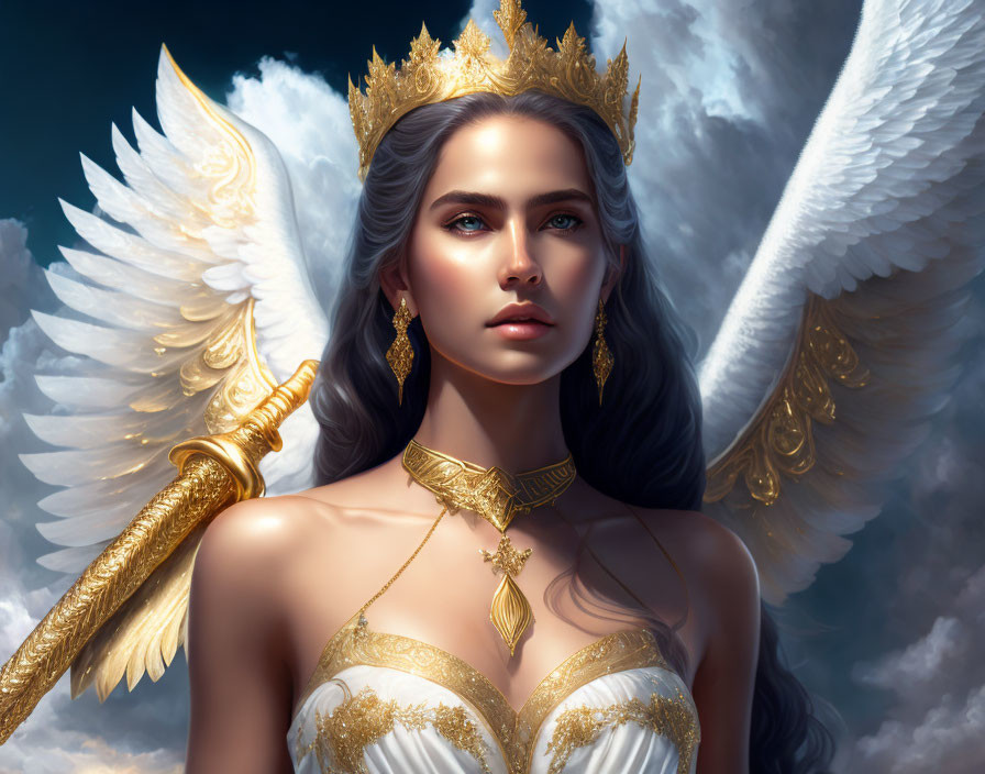 Regal angel with white wings, golden crown, and staff in celestial scene