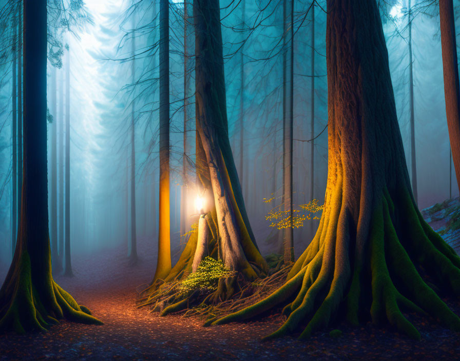 Enchanting forest pathway with warm glow and misty trees