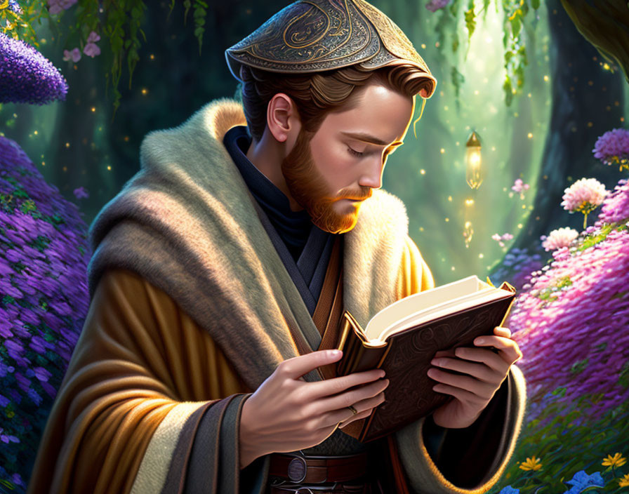 Bearded man in medieval attire reading in enchanted forest surrounded by purple flowers