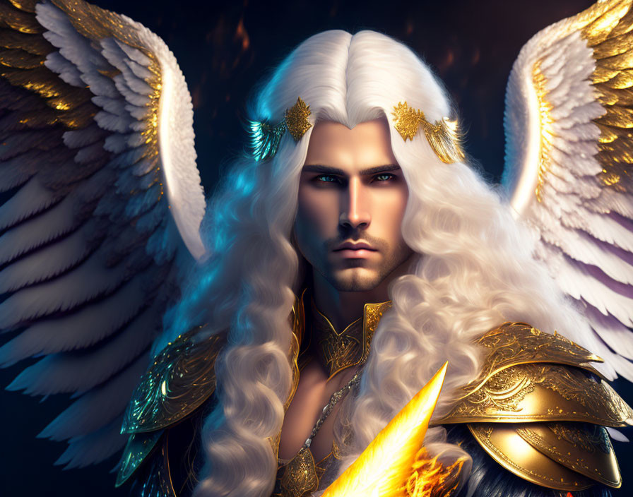 Angelic being with white hair and golden armor in dark setting