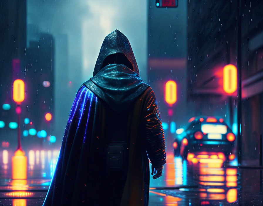 Mysterious figure in cloak on rain-slicked street at night