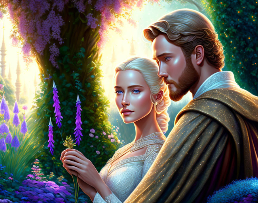 Regal couple in enchanted garden with vibrant flowers