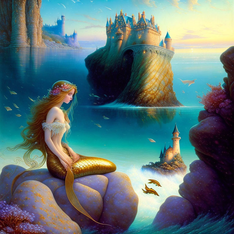 Mermaid on Rock at Sunset with Castle and Birds