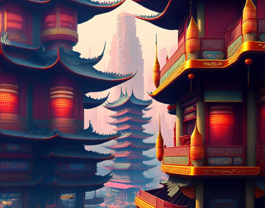 Asian-style Palace with Red and Gold Details in Misty Mountain Landscape