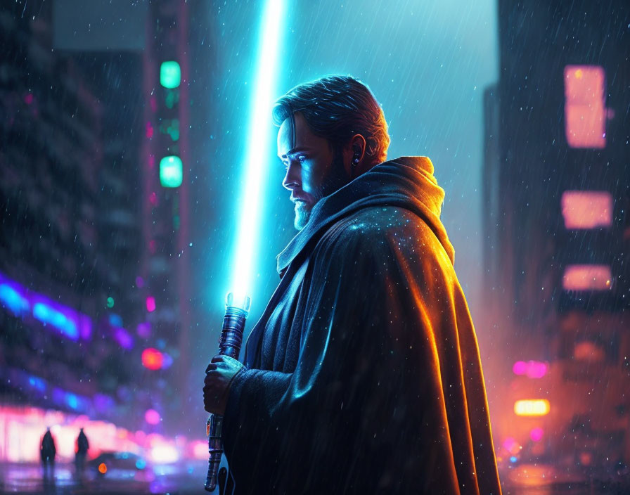 Bearded man with lit lightsaber in rainy neon cityscape