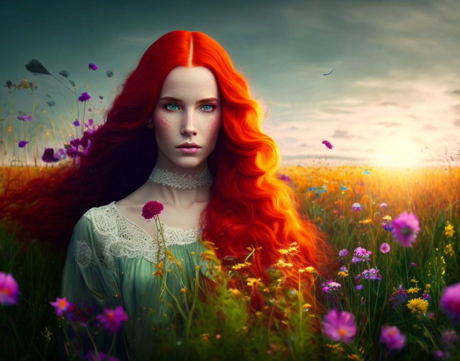 Red-haired woman in wildflower field at sunset