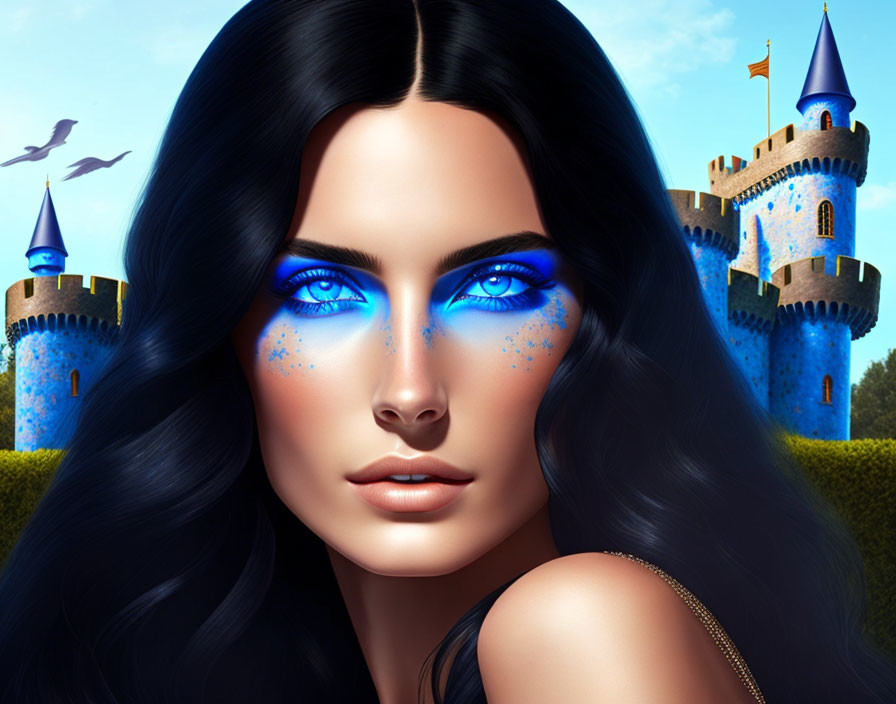 Digital artwork featuring woman with blue eyes, sparkles, fantasy castle, and flying birds.