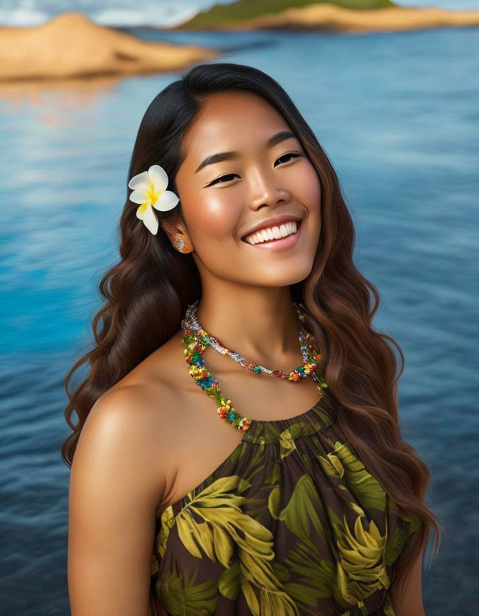 Smiling woman with flower in hair, colorful necklace, green floral dress by blue water landscape