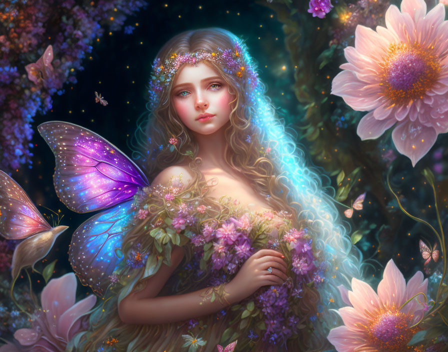 Fantasy illustration of young woman with butterfly wings in vibrant floral scene.