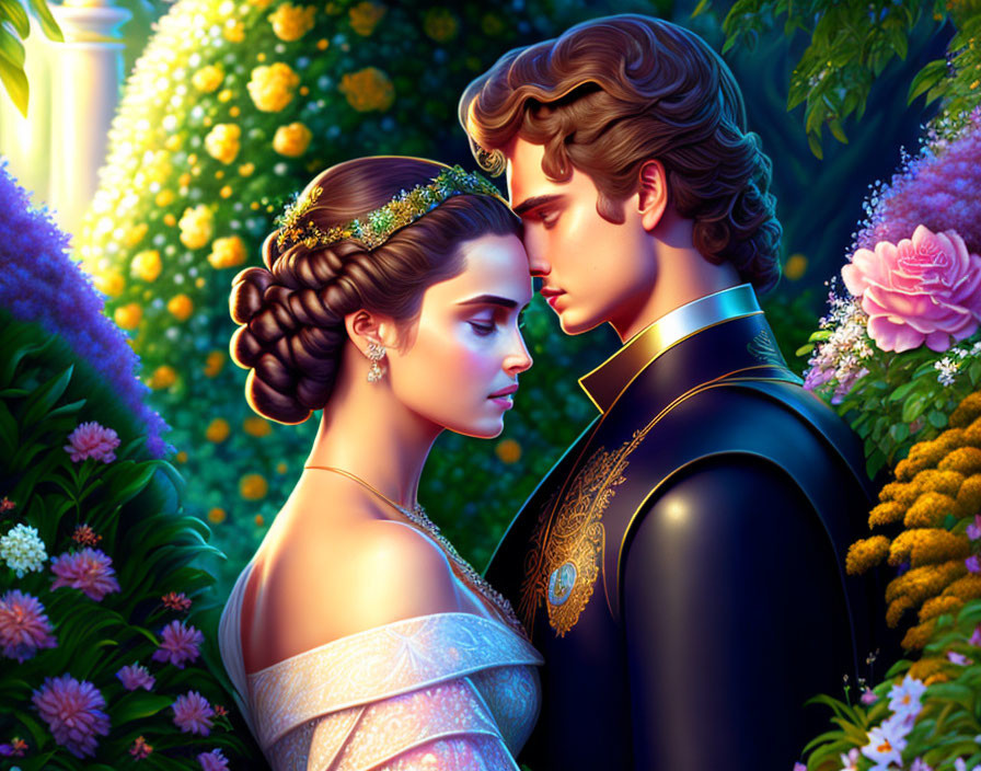 Illustrated couple in elegant attire amid vibrant floral backdrop with romantic lighting.