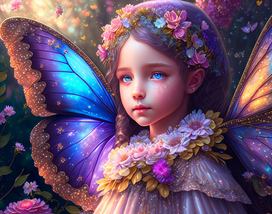 Fantasy digital artwork of a girl with butterfly wings in a magical setting