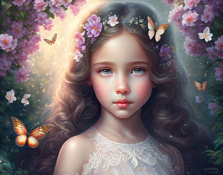 Girl with Flowers in Hair Surrounded by Butterflies in Magical Forest