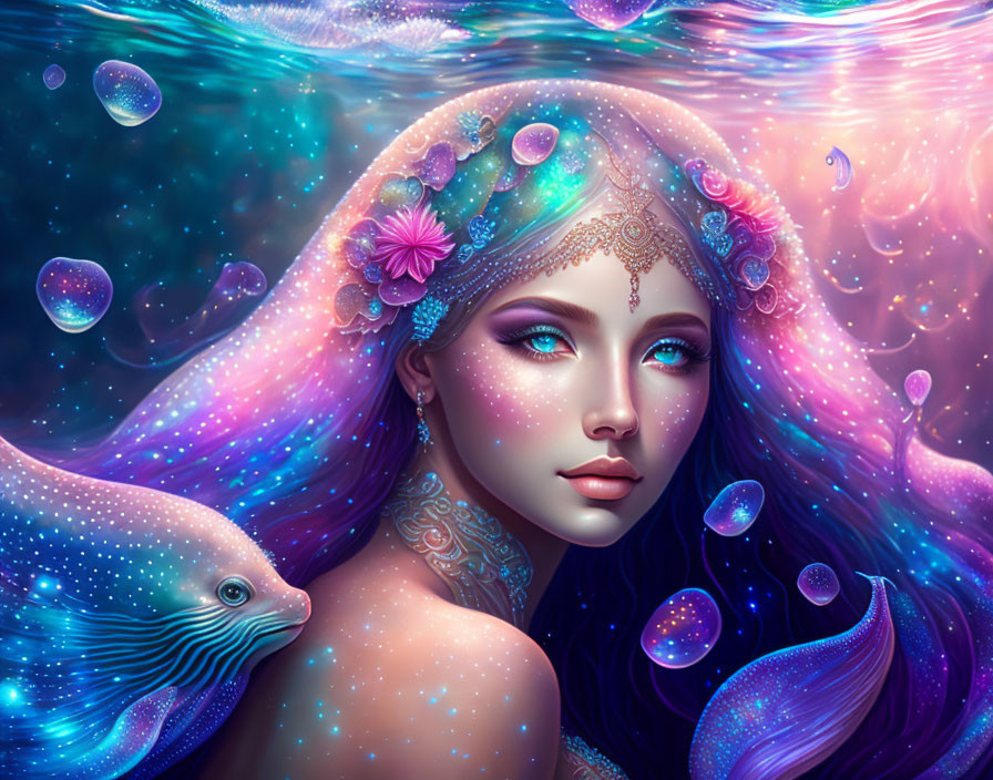 Vibrant underwater painting of woman with flowing hair and jewels