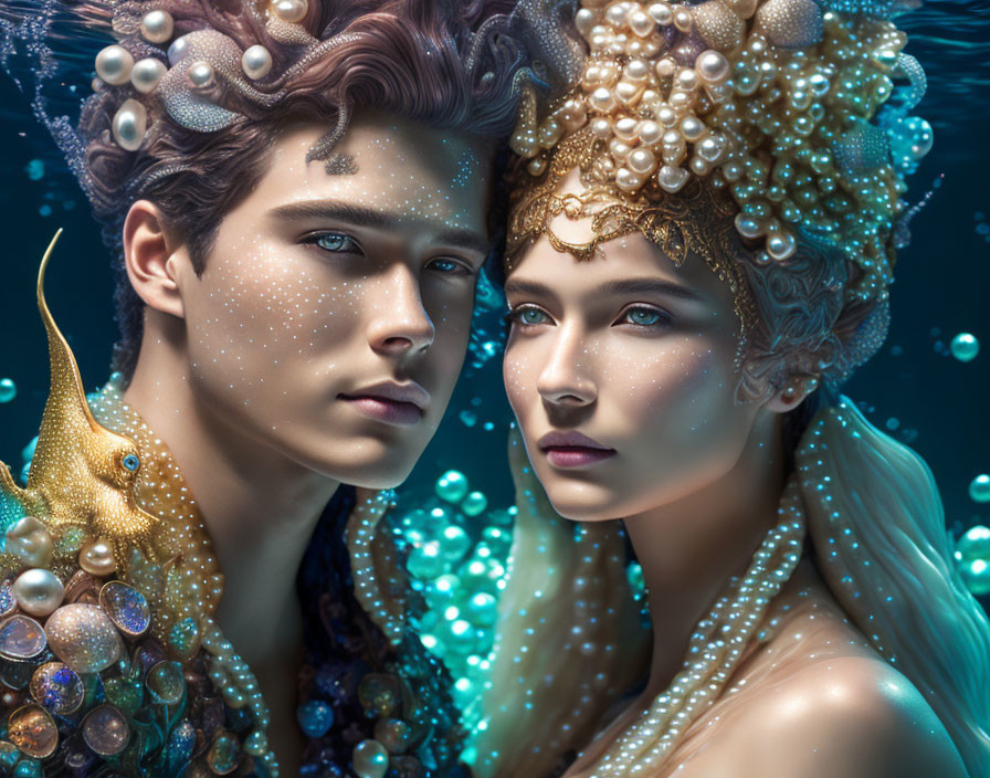 Fantasy-inspired makeup and attire resembling sea creatures with pearls and golden ornaments