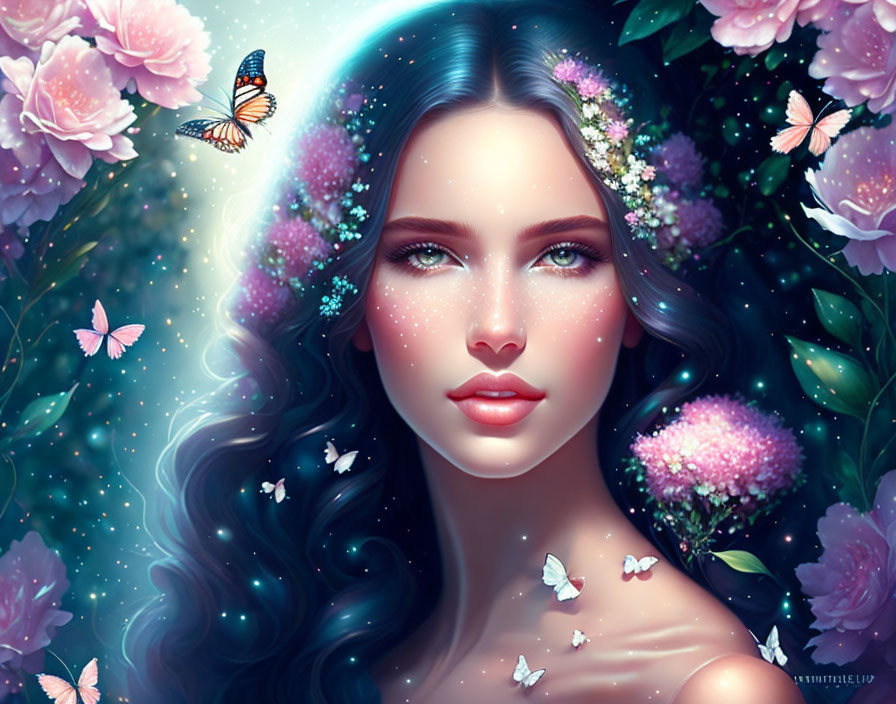 Radiant woman in digital art with flowers and butterflies