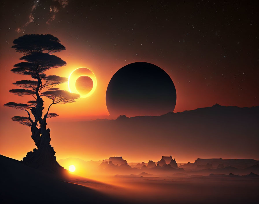 Surreal landscape with eclipsed sun, planet, lone tree, rocky terrain, starry sky