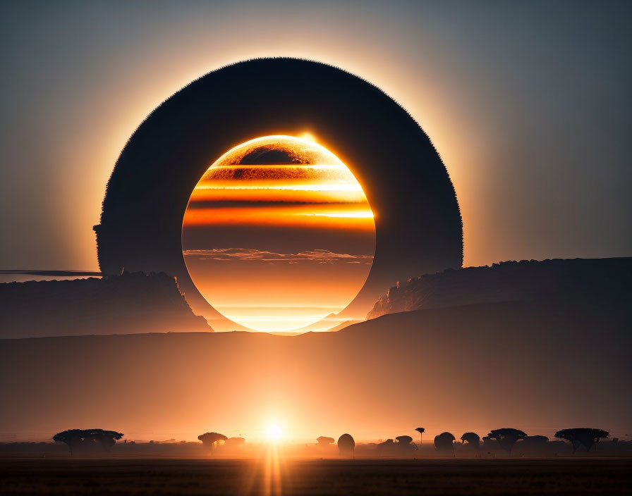 Circular Void Frames Sunset Silhouetting Trees in Surreal Landscape