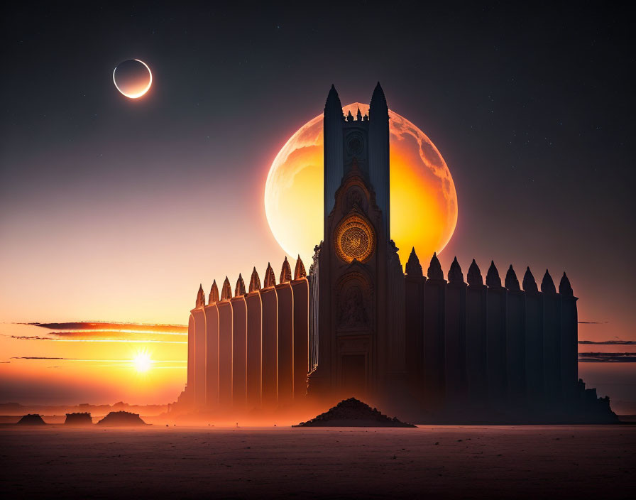 Gothic cathedral with eclipse, rising moon, twilight sky, and crescent sun