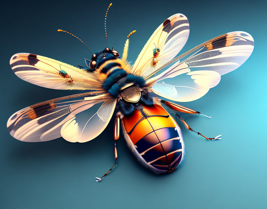 Detailed Bee Illustration with Vibrant Colors on Teal Background