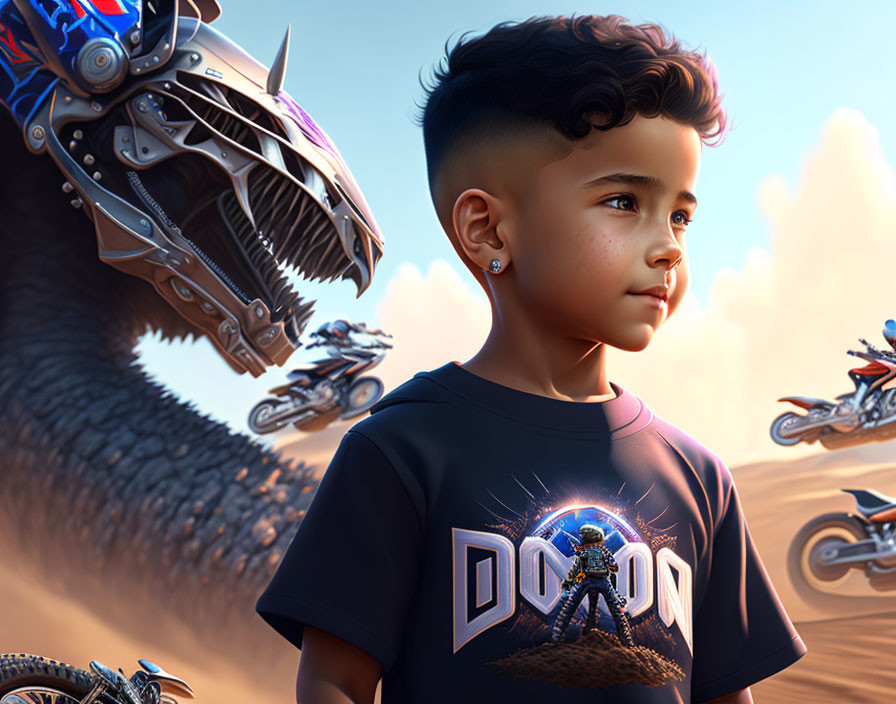 Boy with modern hairstyle in "Doom" T-shirt, futuristic motorcycles, and robotic dragon.