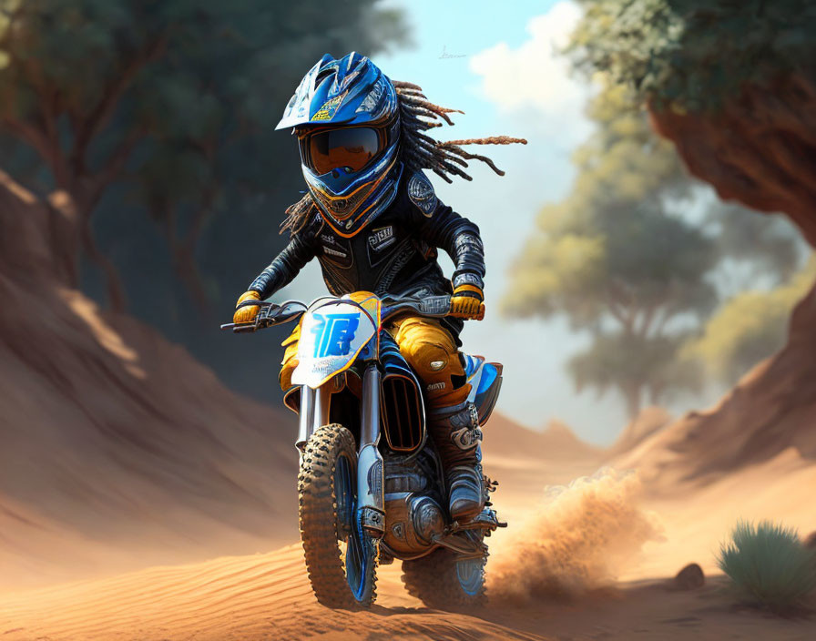 Person in full gear with helmet and dreadlocks on dirt bike races through dusty trail among trees