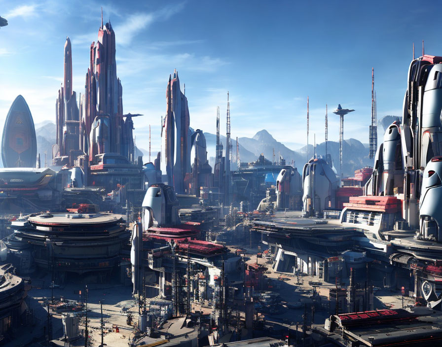 Futuristic cityscape with skyscrapers and mountains in clear blue skies