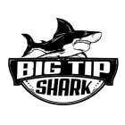 Monochrome shark graphic with "BIG TIP SHARK" in bold text and splash design