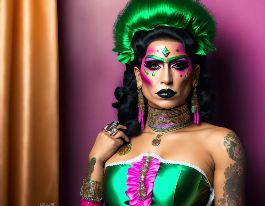 Person with dramatic makeup and green updo hair in green and pink outfit against pink and orange backdrop