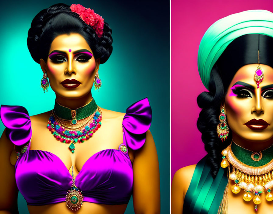 Colorful portraits of woman with dramatic makeup and cultural attire on teal backdrop