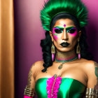 Person with dramatic makeup and green updo hair in green and pink outfit against pink and orange backdrop