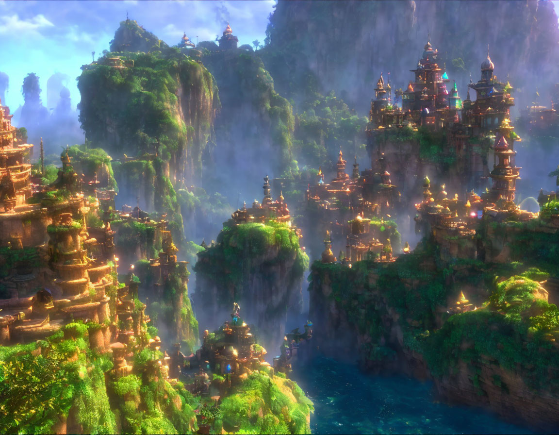 Verdant cliffs and waterfalls in mystical landscape with pagoda-style structures