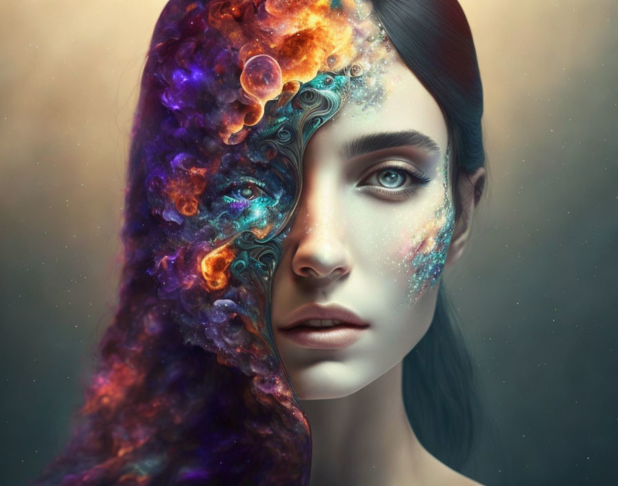 Surreal portrait of woman blending with galactic nebula pattern