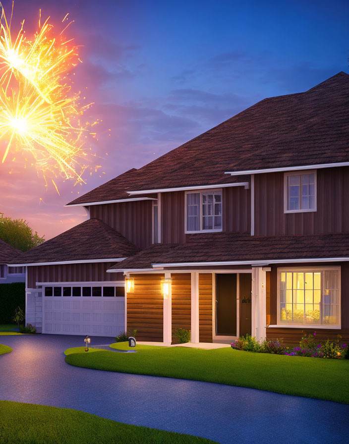 Tranquil twilight scene with fireworks above suburban house