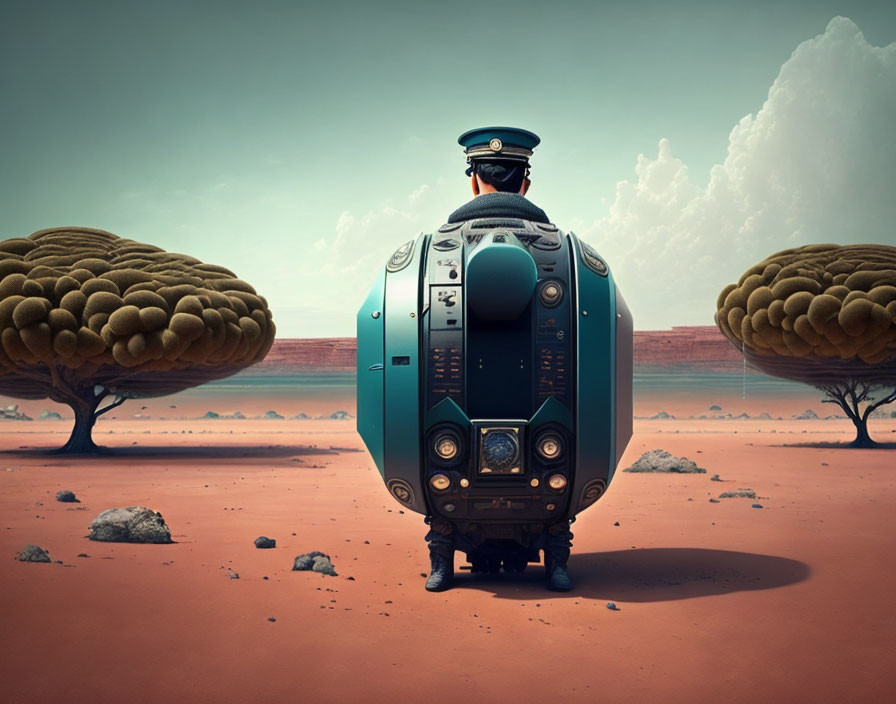 Uniformed person with mechanical vehicle in desert landscape with brain-like trees.