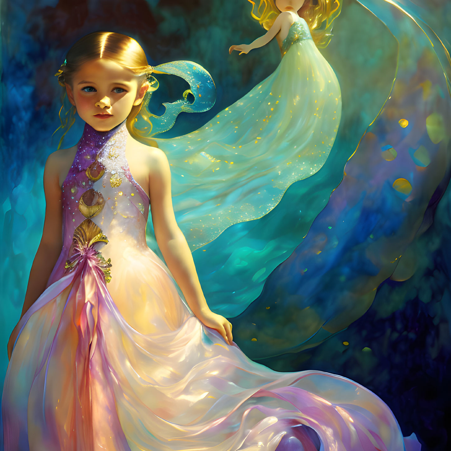 Ethereal girls in glowing attire on dreamy blue-green backdrop